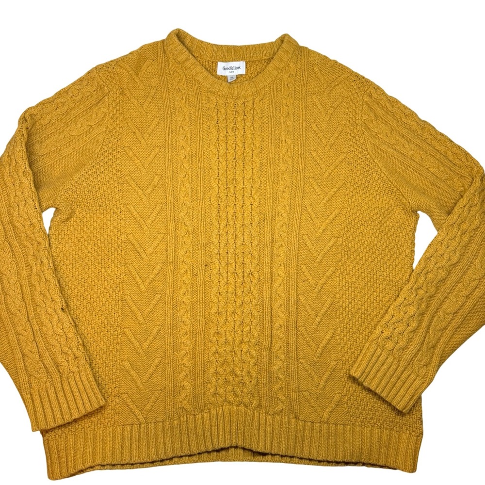 Goodfellow Mens XL Mustard‎ Yellow Chunky Cable Knit Sweater Crew Neck Preppy